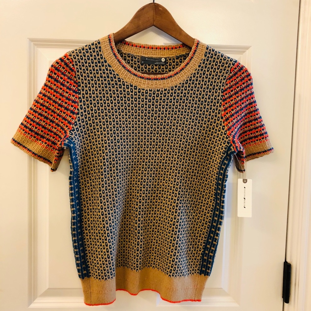 Anthropologie Multicolor Knit Short-Sleeve Top - Tan, Navy, Coral